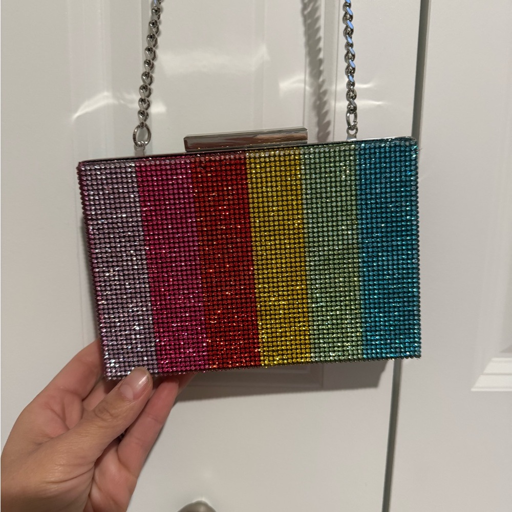 Zara Rainbow Glitter Metallic Clutch Shoulder Bag Handbag Purse Chain